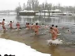Skinny Dipping Men in Winter Lake