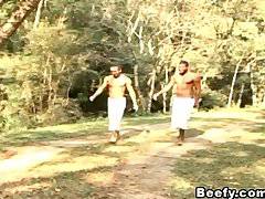 Two Beefy Karate Students Fuck In Forest